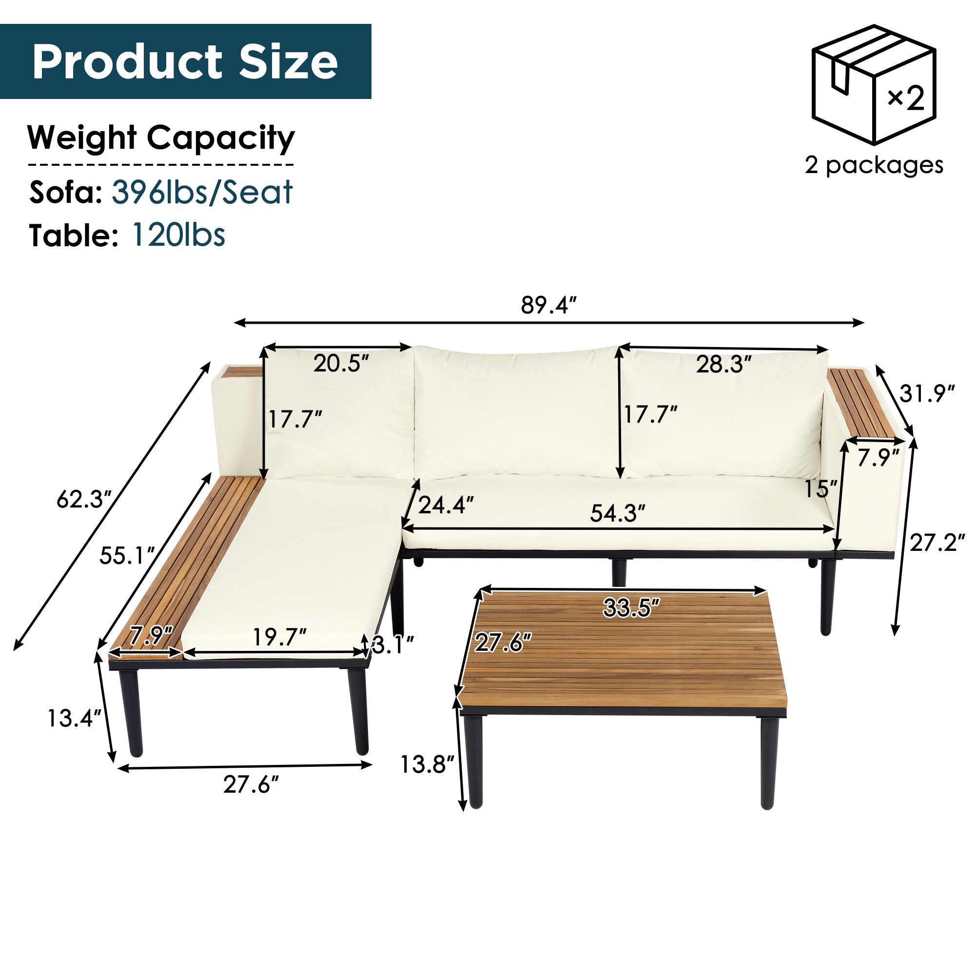 Outdoor Patio Set Acacia Wood Iron Beige L-Shape Seats 6 396 LB