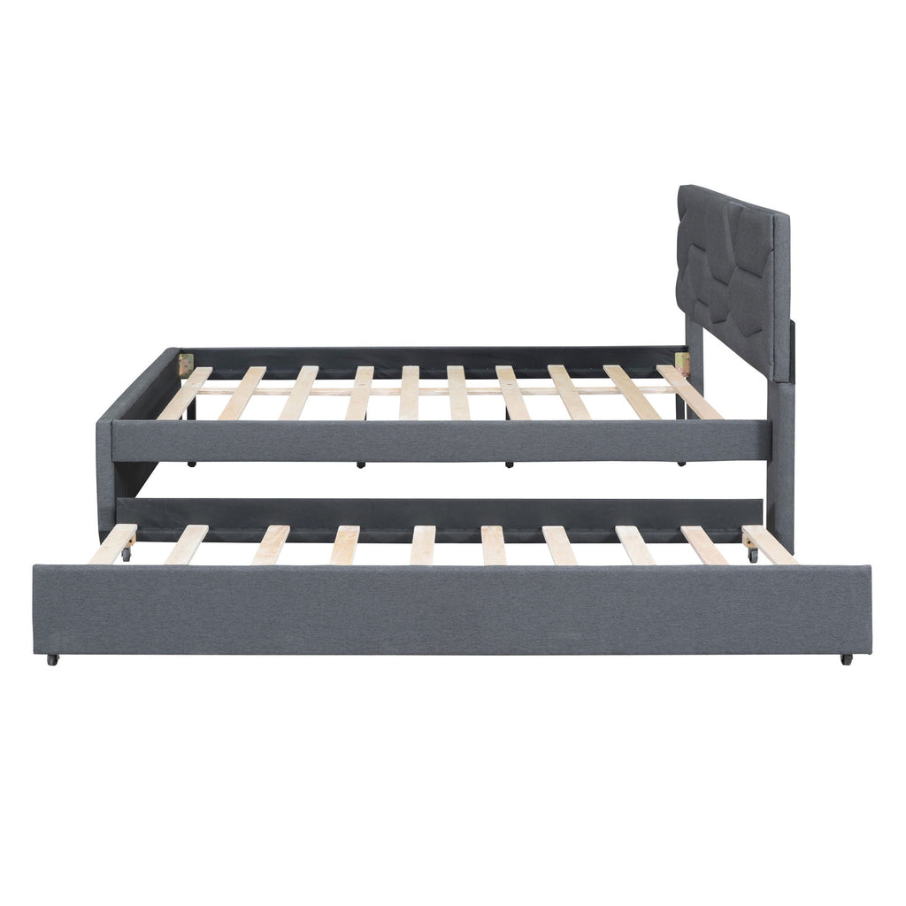 Upholstered Platform Bed With Brick Pattern Headboard And Twin Long Size Trundle