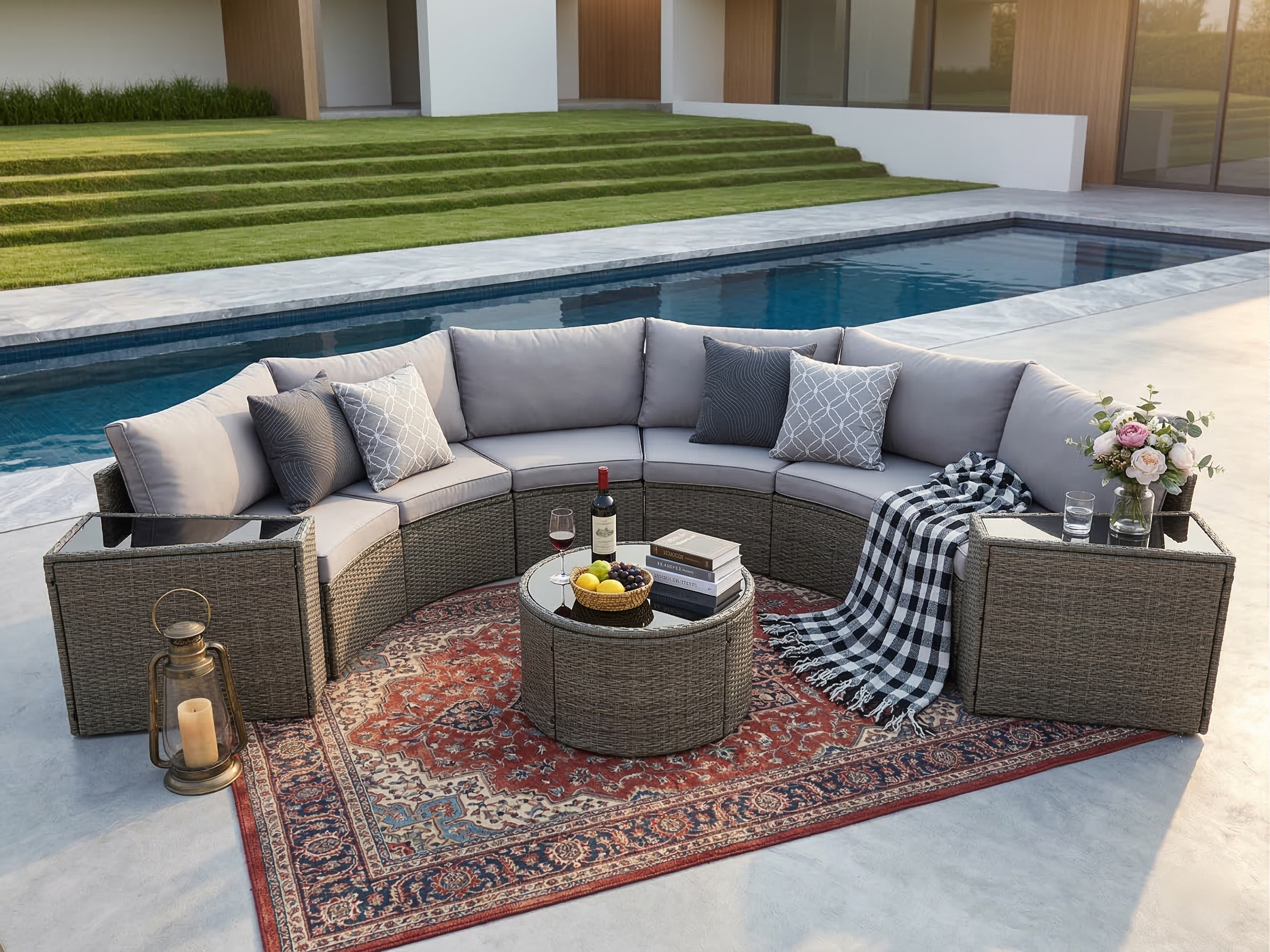 Outdoor Sectional Set PE Rattan Steel Light Gray Half Moon 9 Piece 380 LB