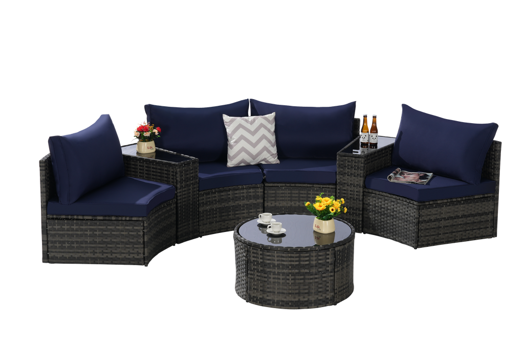 Outdoor Sectional Set PE Rattan Steel Dark Blue Half Moon 7 Piece 380 LB