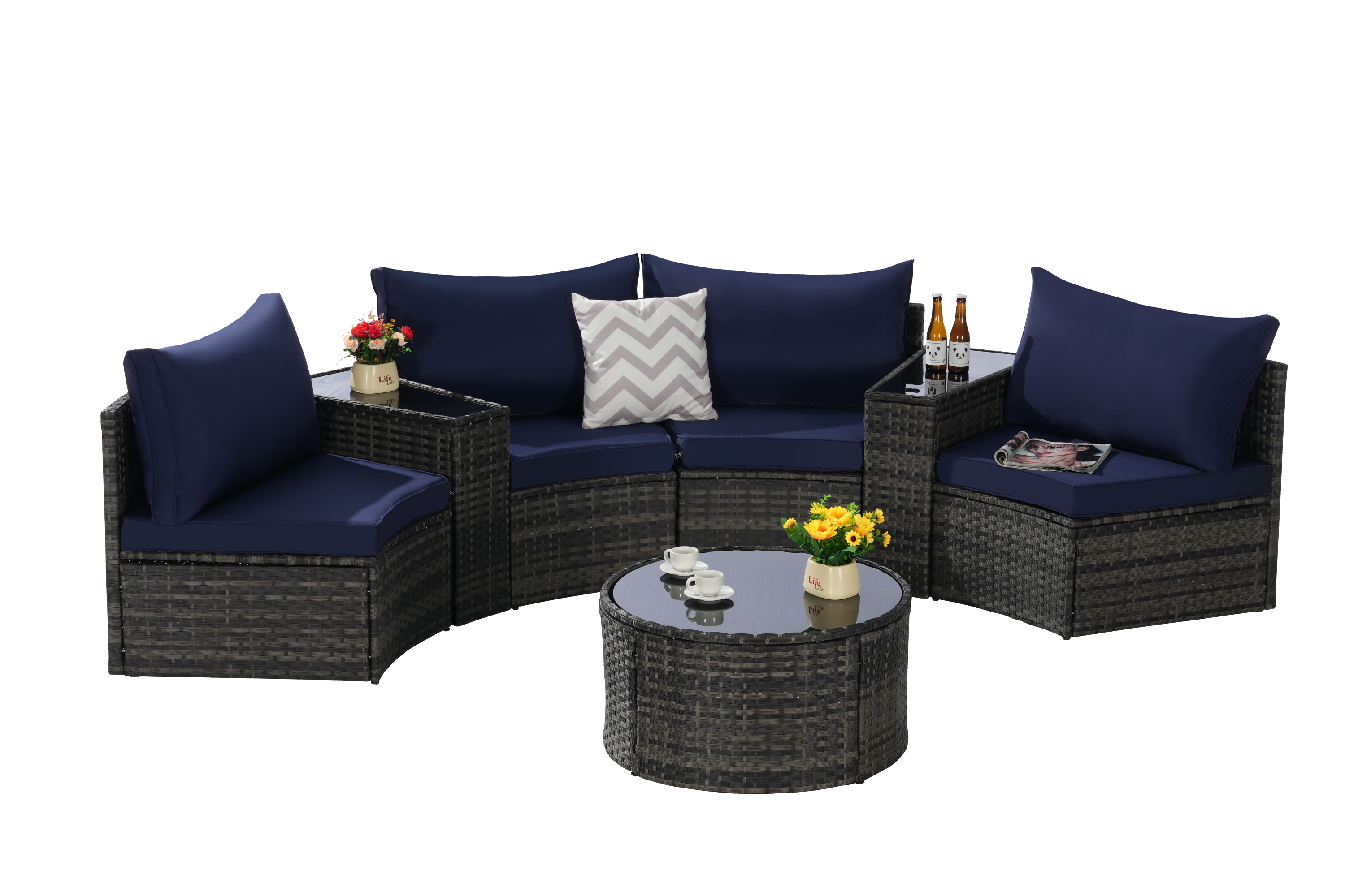 Outdoor Sectional Set PE Rattan Steel Dark Blue Half Moon 7 Piece 380 LB