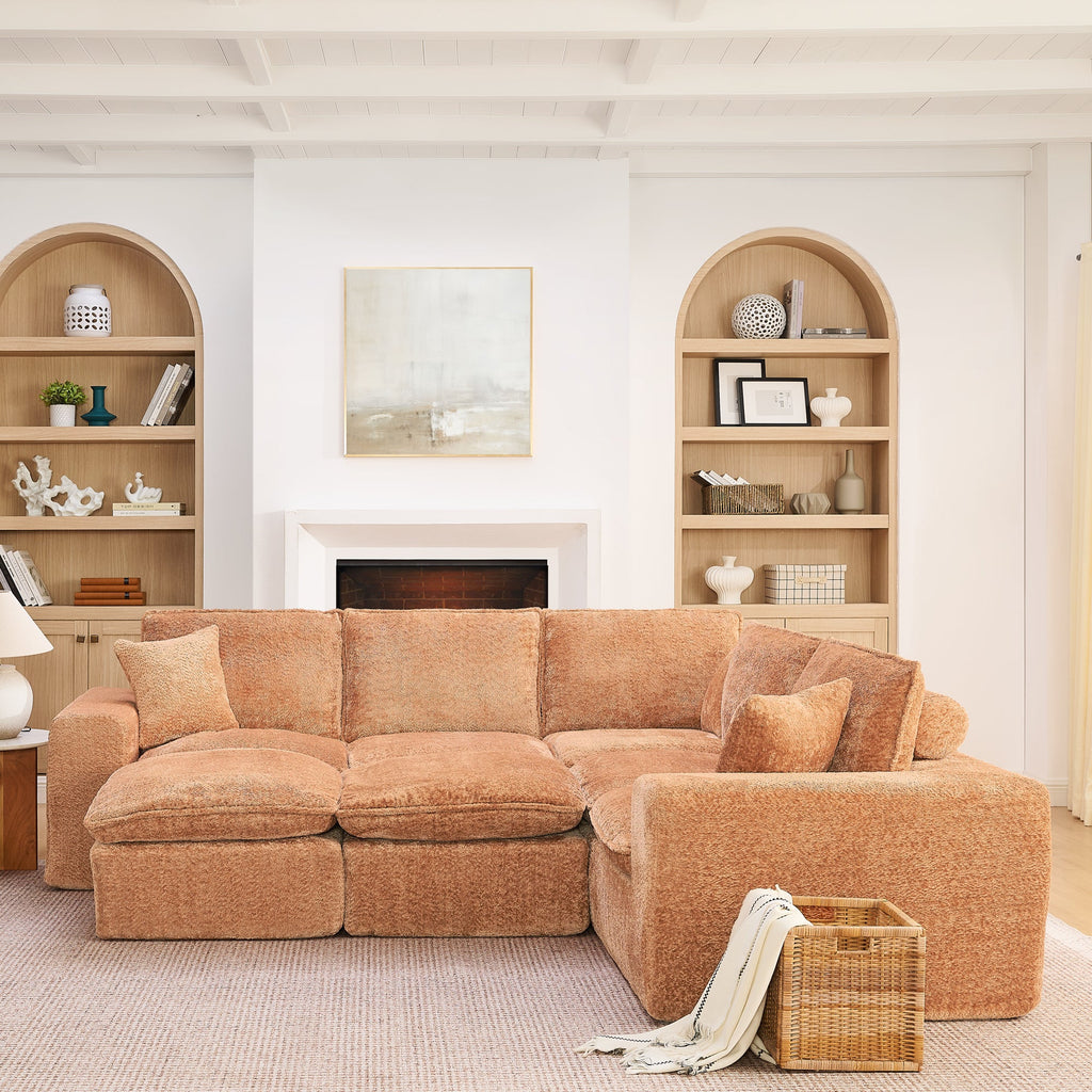 Sectional Sofa Modular Boucle Orange 7 Seat Ottomans 107 In No Assembly