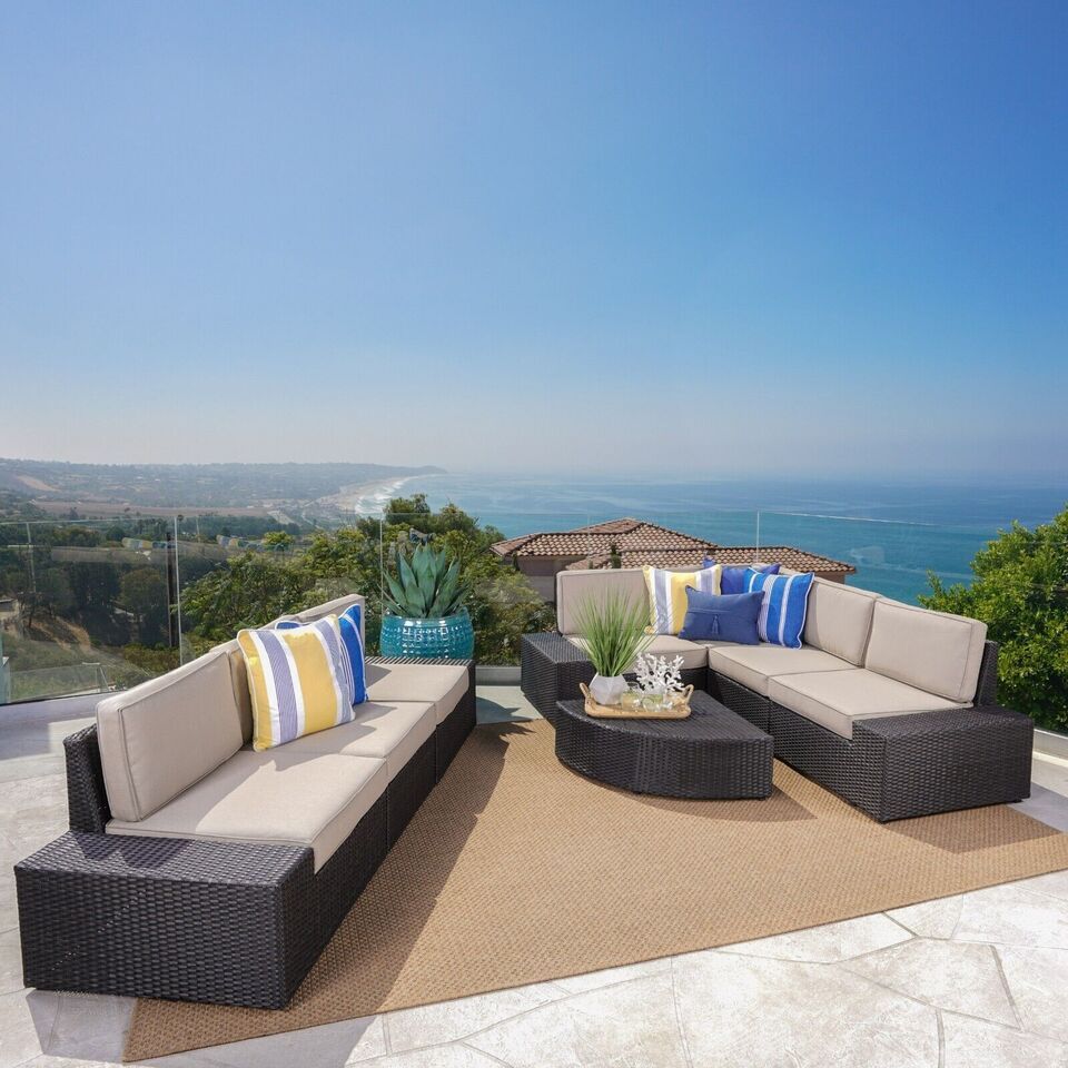 Outdoor Sectional Set PE Rattan Iron Dark Brown 8 Piece No Assembly