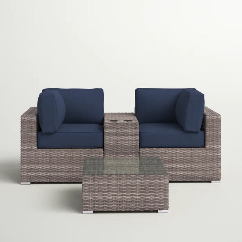 Outdoor Loveseat Set 2-Seat Wicker Gray Cupholder