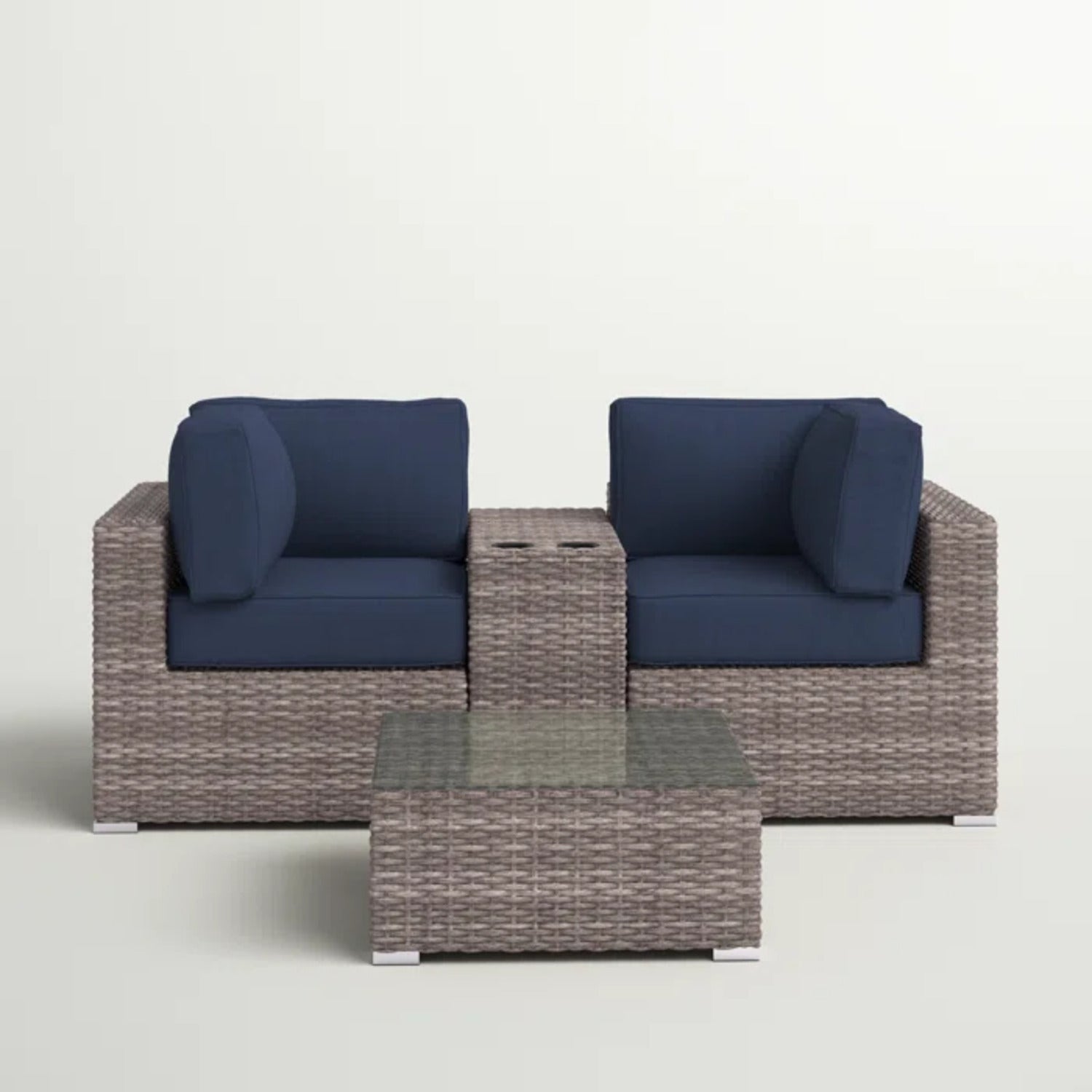 Outdoor Loveseat Set 2-Seat Wicker Gray Cupholder