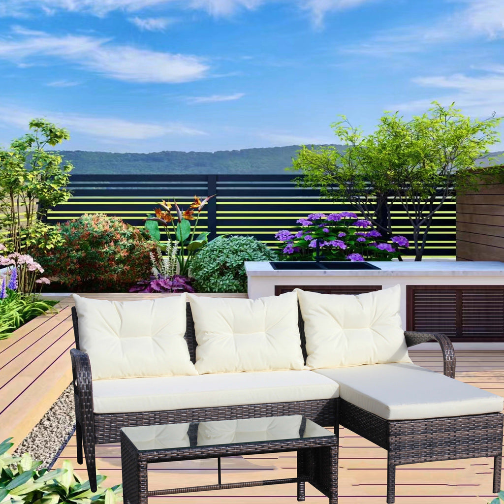 Outdoor Sectional Set PE Rattan Steel Brown Beige Cushion 3 Piece 560 LB