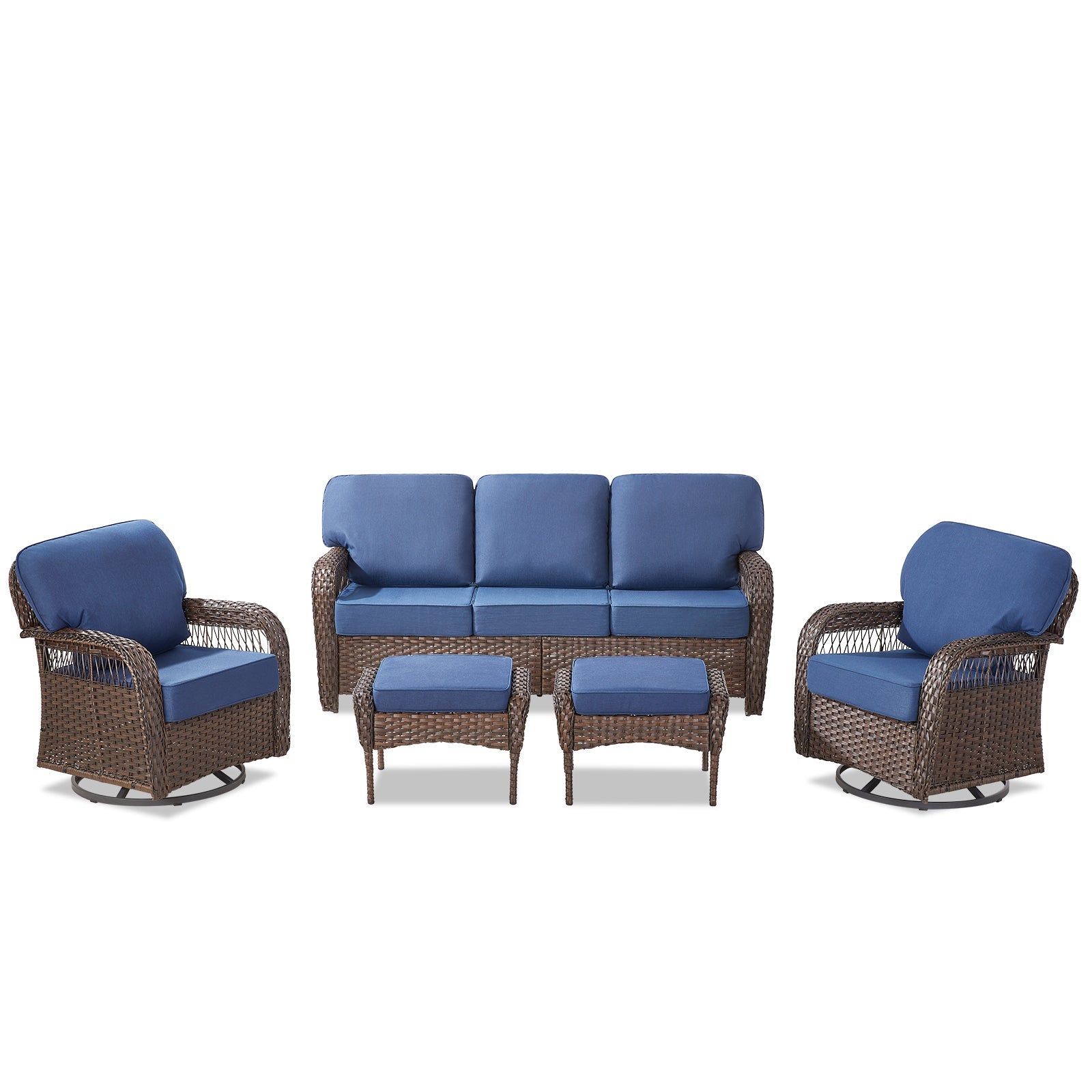 Outdoor Patio Set PE Rattan Blue 5 Piece T-Back Swivel High Back Chairs