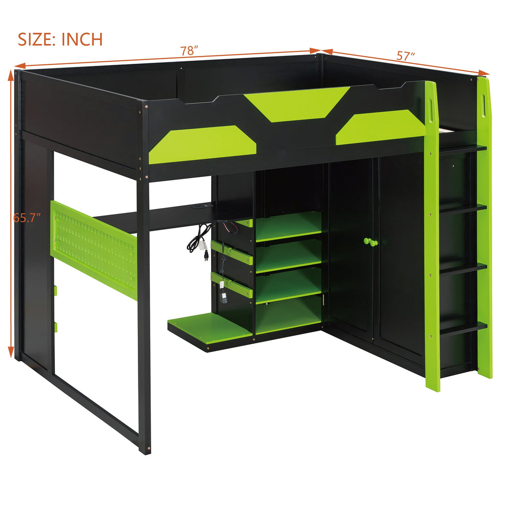 Full Size Wood Loft Bed with Desk, Multi-storage Shelves,USB and RGB Light,Green