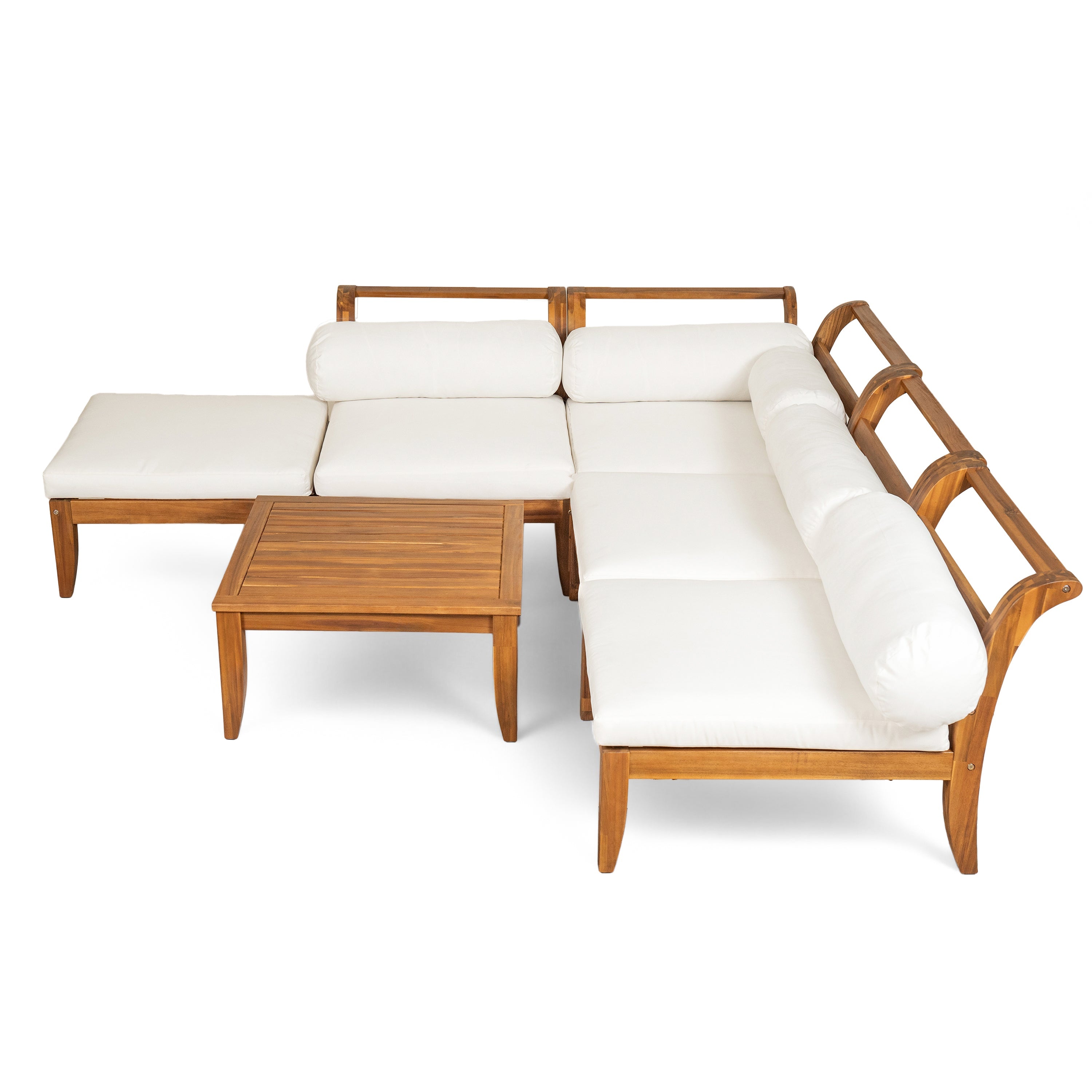 Outdoor Patio Set L-Shape Acacia Wood Teak Beige Cushions 6 Piece