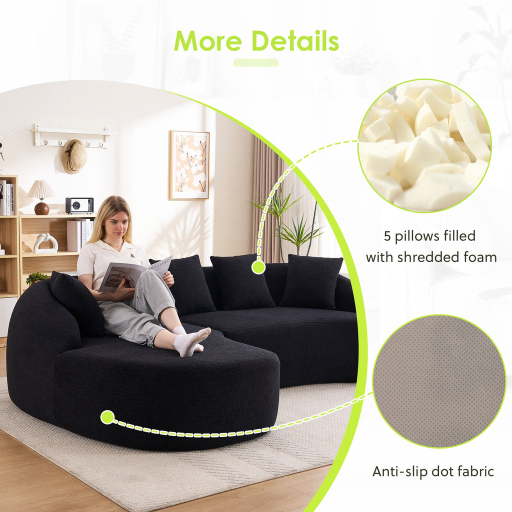 Sectional Sofa L-Shape Curved Chaise Chenille Black 5 Seat 106 In