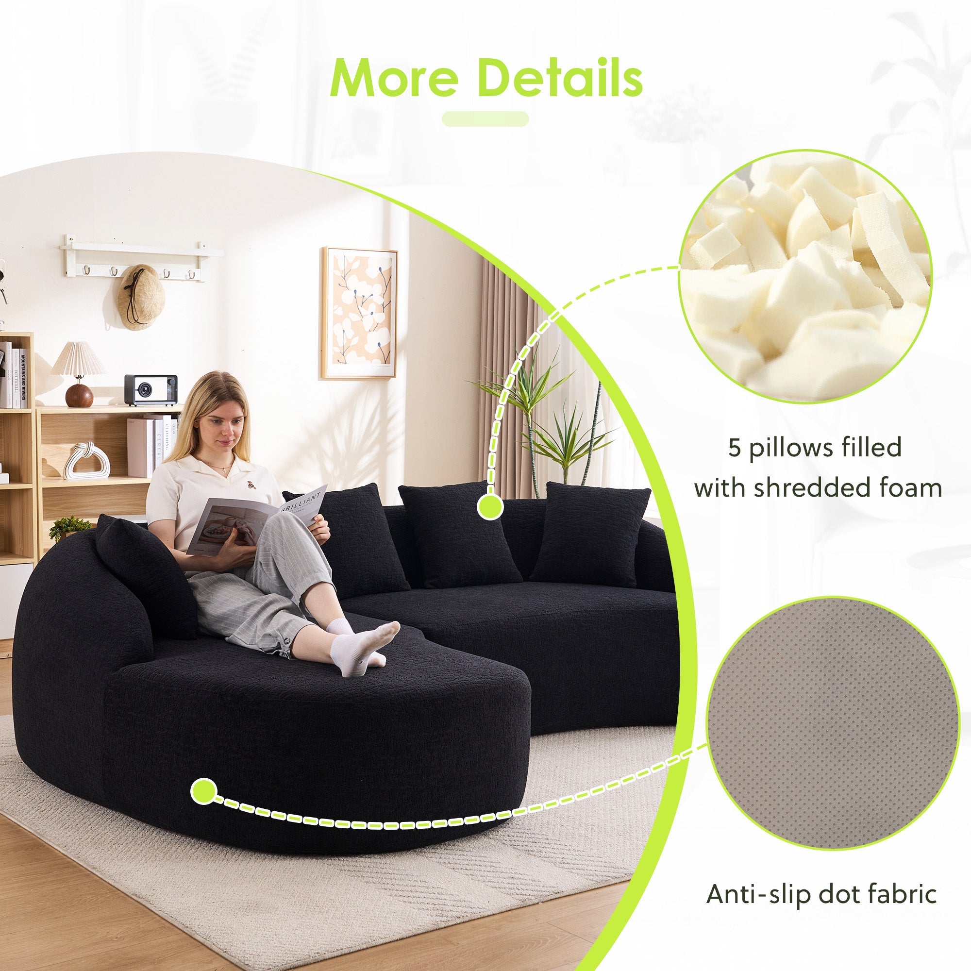Sectional Sofa L-Shape Curved Chaise Chenille Black 5 Seat 106 In