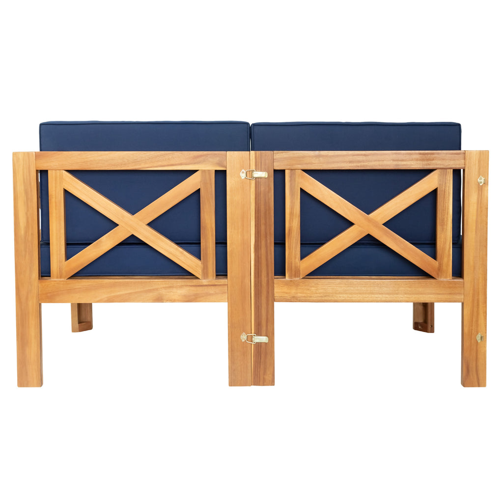 Outdoor Patio Sectional Set Acacia Wood Natural Blue Cushions 5 Piece