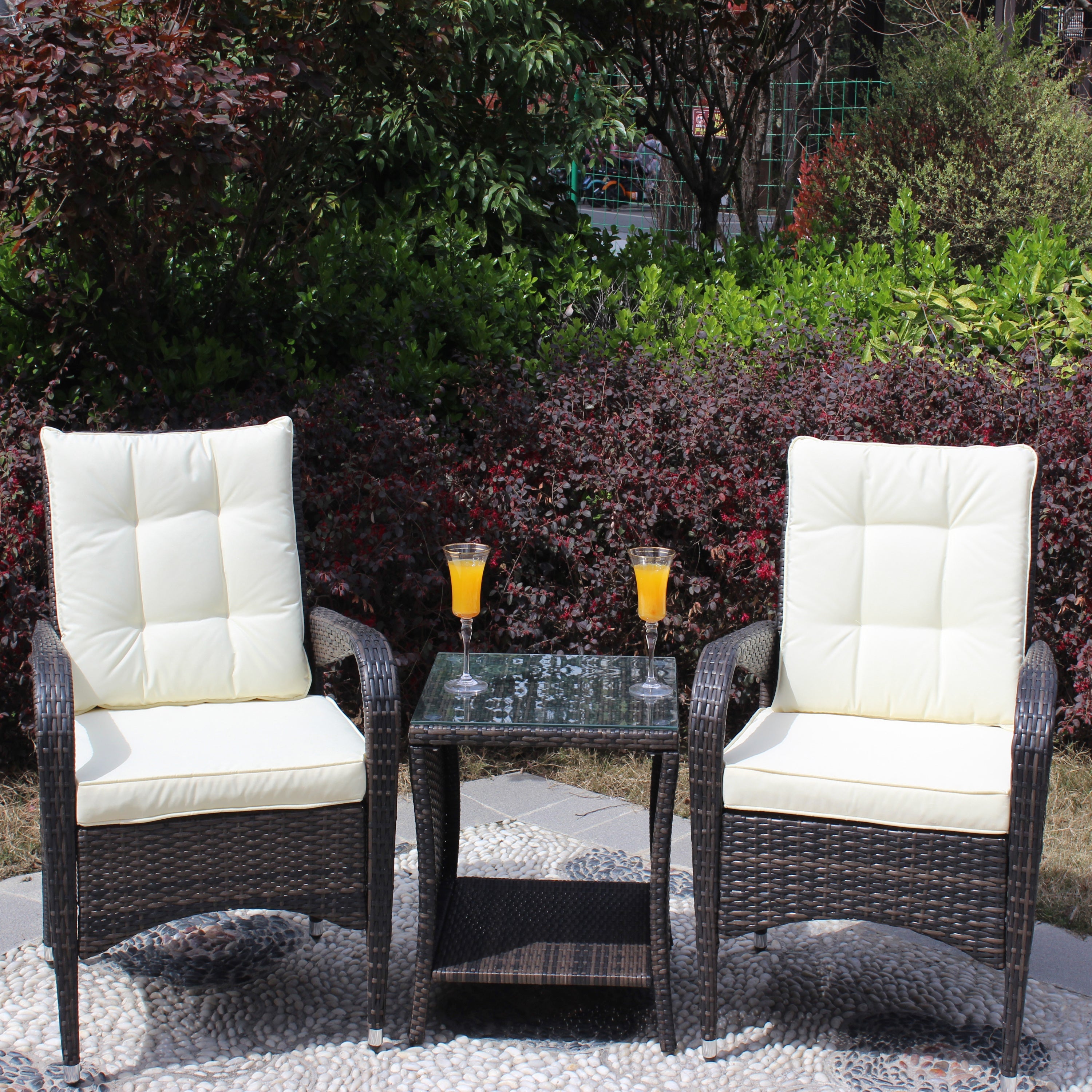 Outdoor Conversation Set PE Rattan Steel Brown Beige Cushion 3 Piece