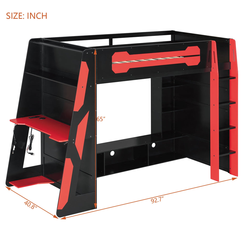 Twin Size Wood Loft Bed with Desk, Multi-storage Shelves and RGB Light, Red
