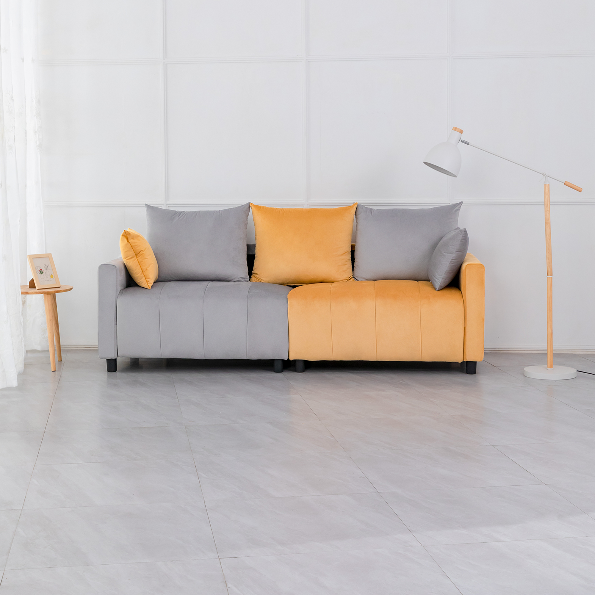 Sofa Modern Velvet Two-Tone Gray Yellow 2 Seat 82 In