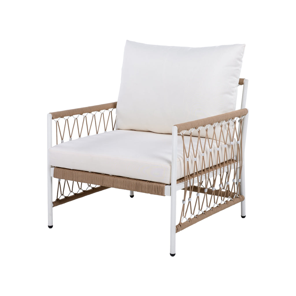 Outdoor Patio Set Bohemian Rope Steel Beige 3 Piece Glass Top Table
