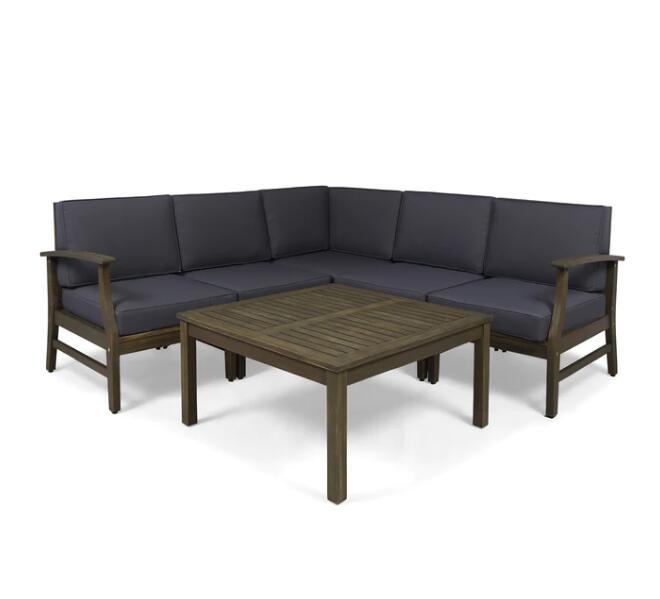 Outdoor Sectional Set Acacia Wood Dark Gray Cushion 6 Piece Seats 5