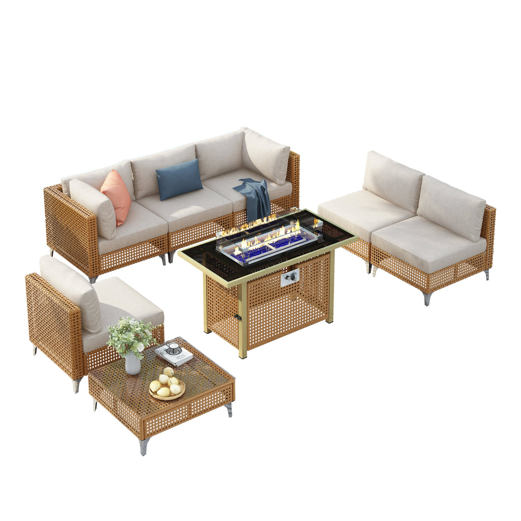 Outdoor Patio Set with Fire Pit Table Rattan Metal Beige 8 Piece