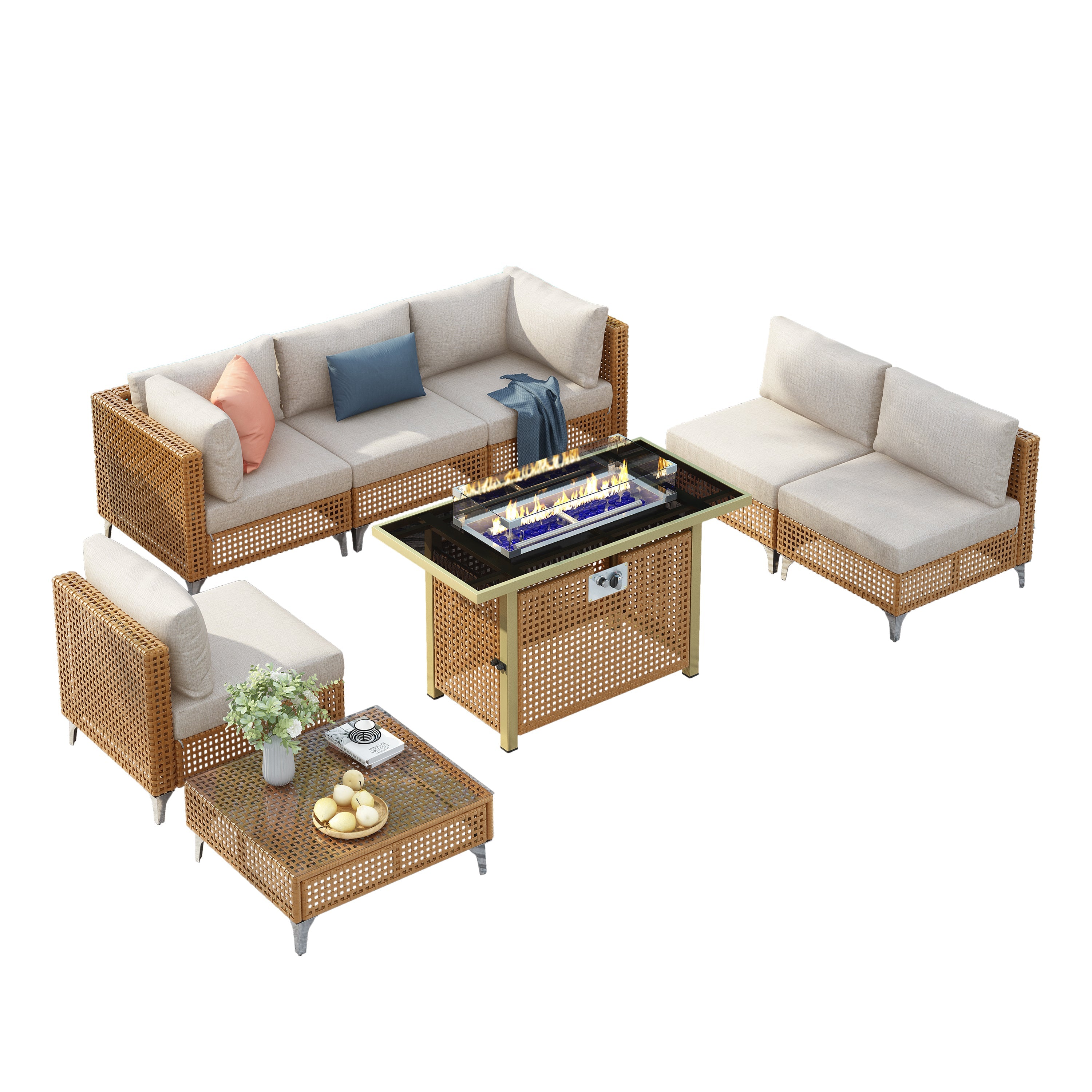 Outdoor Patio Set with Fire Pit Table Rattan Metal Beige 8 Piece