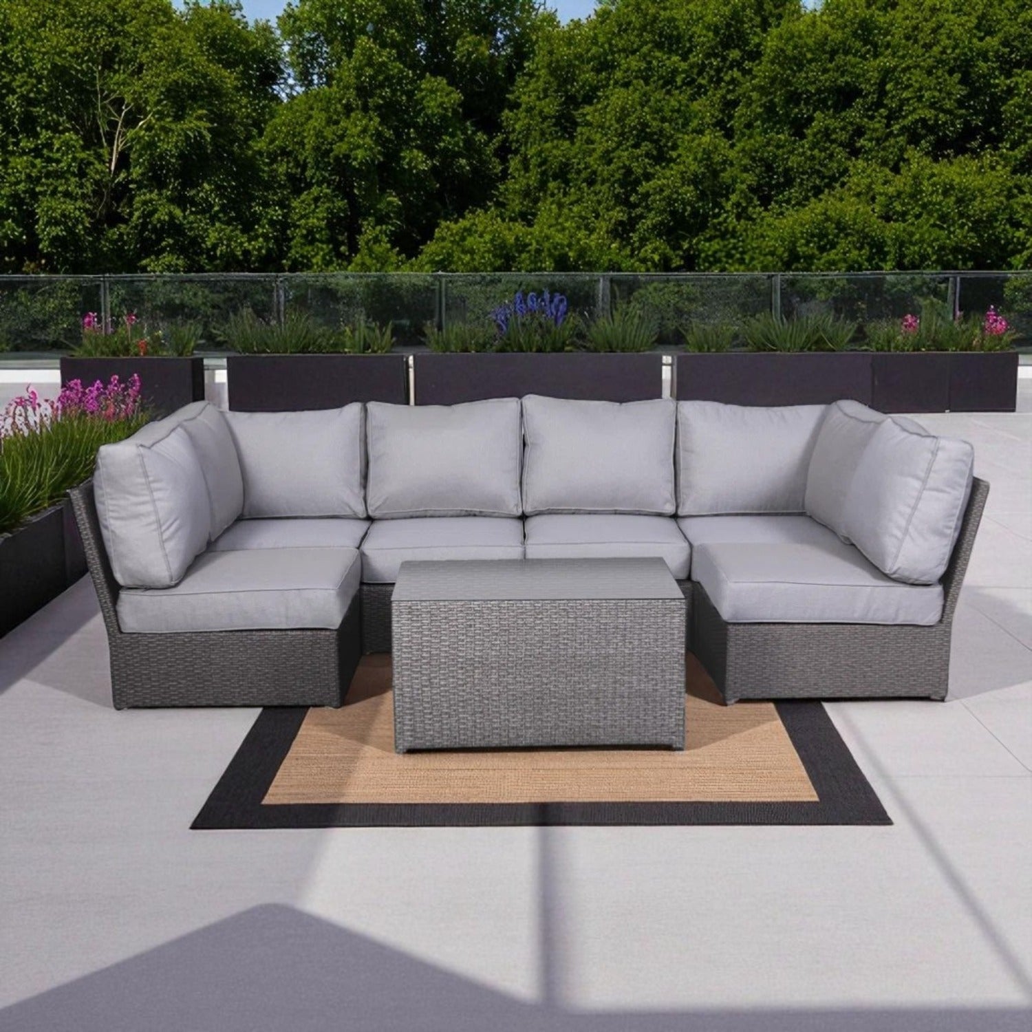 Outdoor Sectional Set HDPE Wicker Aluminum Gray Reversible 4 Person