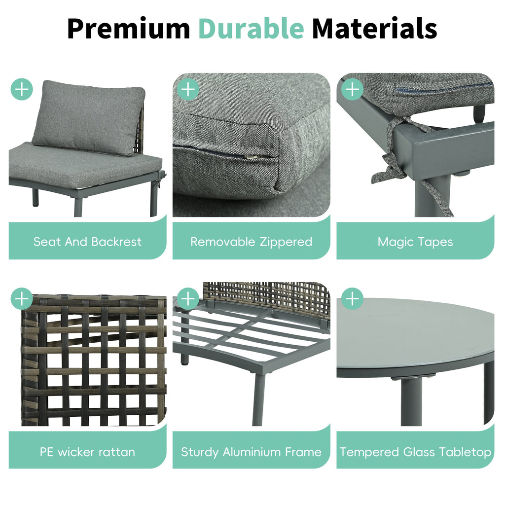 Outdoor Sectional Set PE Wicker Aluminum Gray Half Moon 6 Piece 300 LB