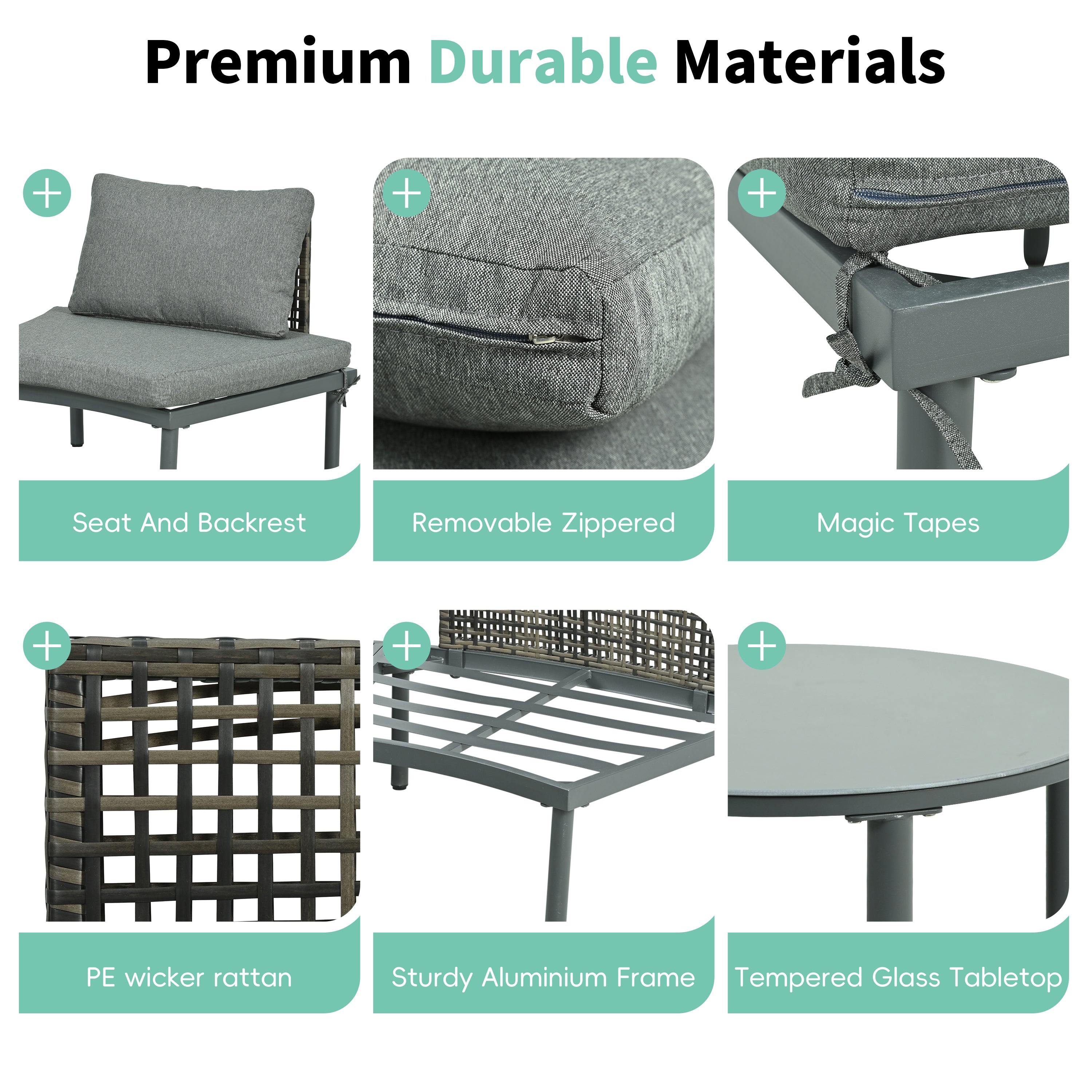 Outdoor Sectional Set PE Wicker Aluminum Gray Half Moon 6 Piece 300 LB