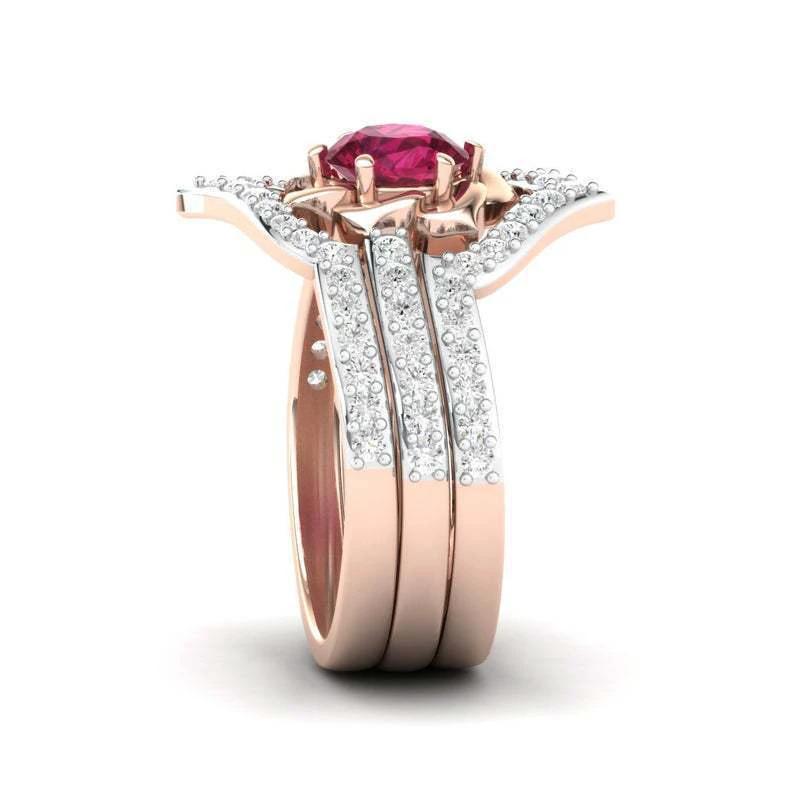 Rose Gold Flower Ring - Exquisite Engagement Wedding Band Set