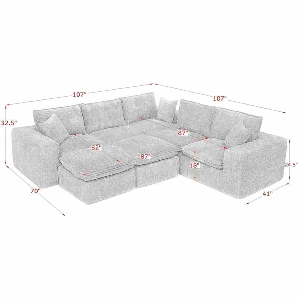 Sectional Sofa Modular Boucle Orange 7 Seat Ottomans 107 In No Assembly