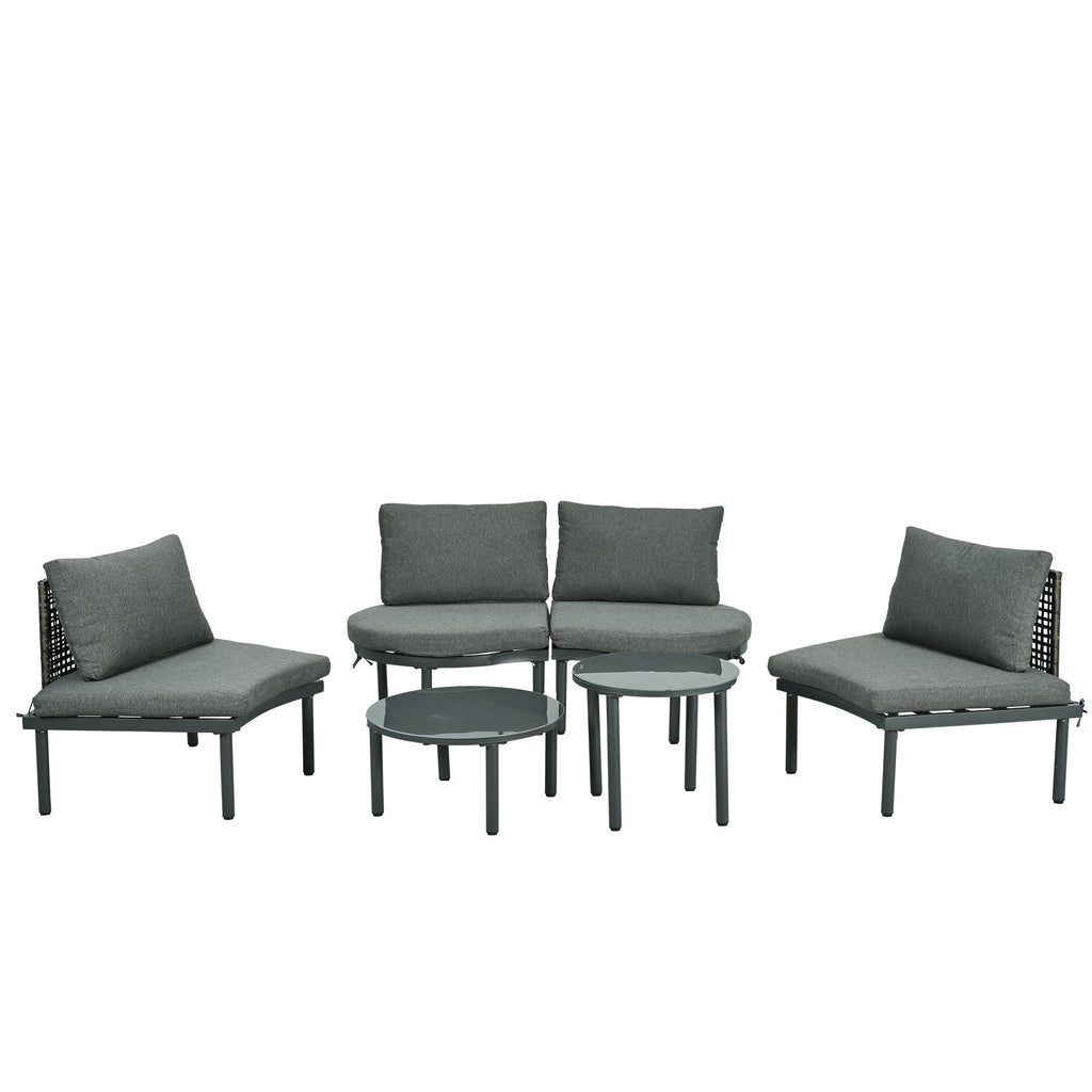 Outdoor Sectional Set PE Wicker Aluminum Gray Half Moon 6 Piece 300 LB