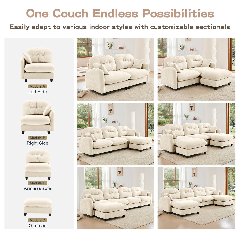 Sectional Sofa L-Shape Modular Chenille Beige 3-Seat with Ottoman