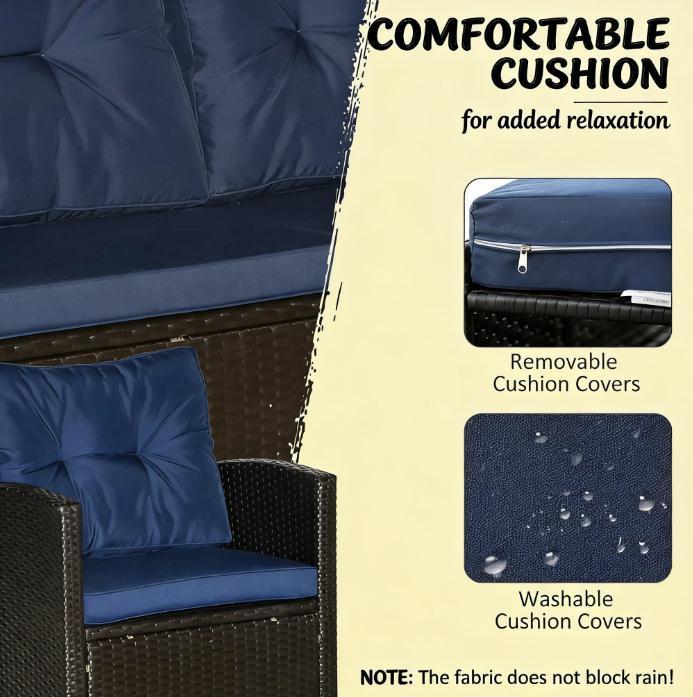 Outdoor Sectional Set PE Wicker Steel Coffee Blue Cushion 4 Piece Seats 4