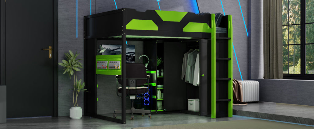 Full Size Wood Loft Bed with Desk, Multi-storage Shelves,USB and RGB Light,Green