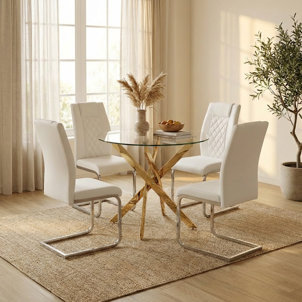 Round Glass Dining Table Set for 4, 35.5' Glass Dining Table with Gold Legs,