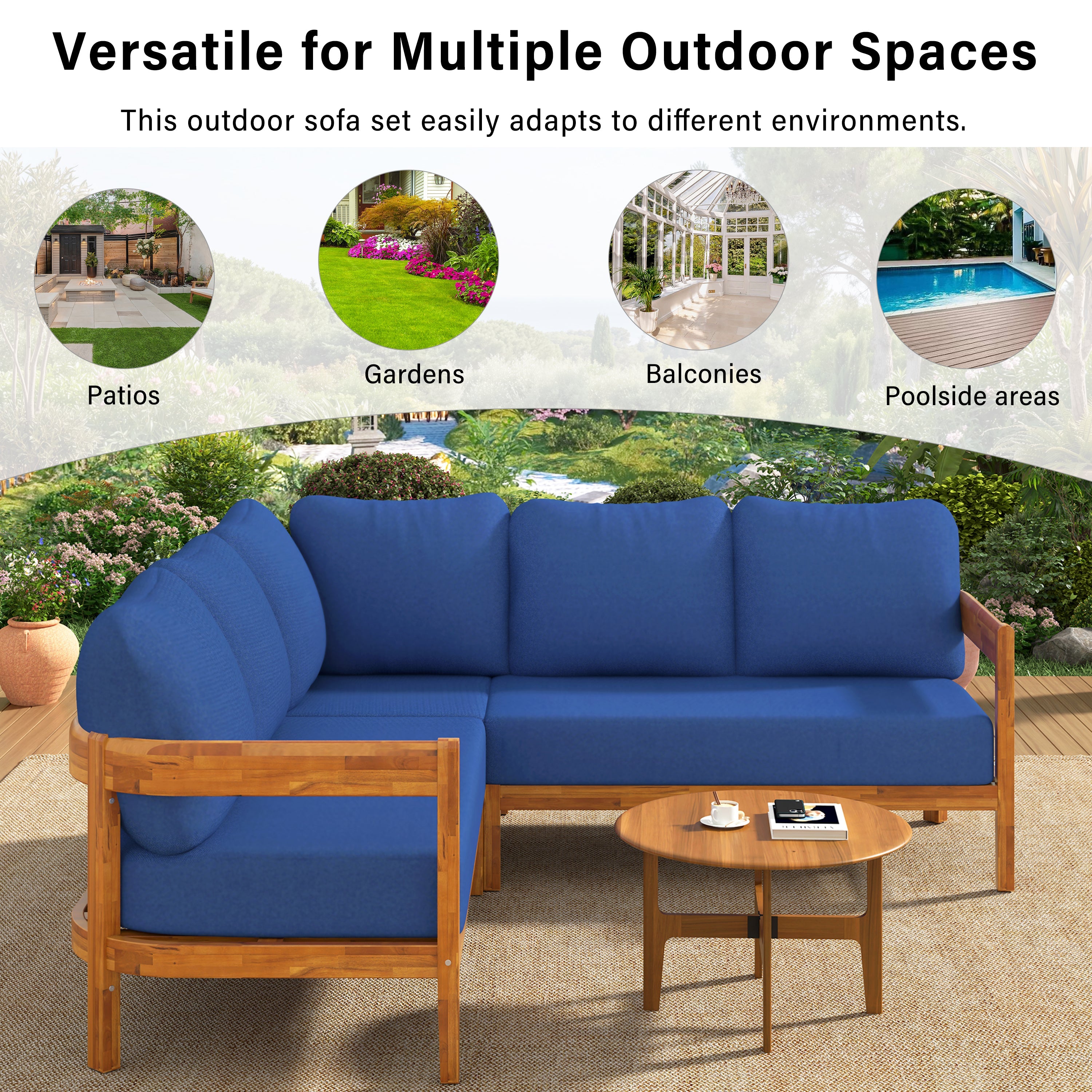 Outdoor Sofa Set Acacia Wood Arc Frame Blue Cushions L-Shape 6 Piece
