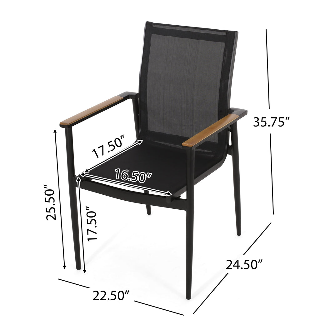 Dining Chair Outdoor Aluminum Mesh Black Natural Faux Wood Accent 22x25x36 In