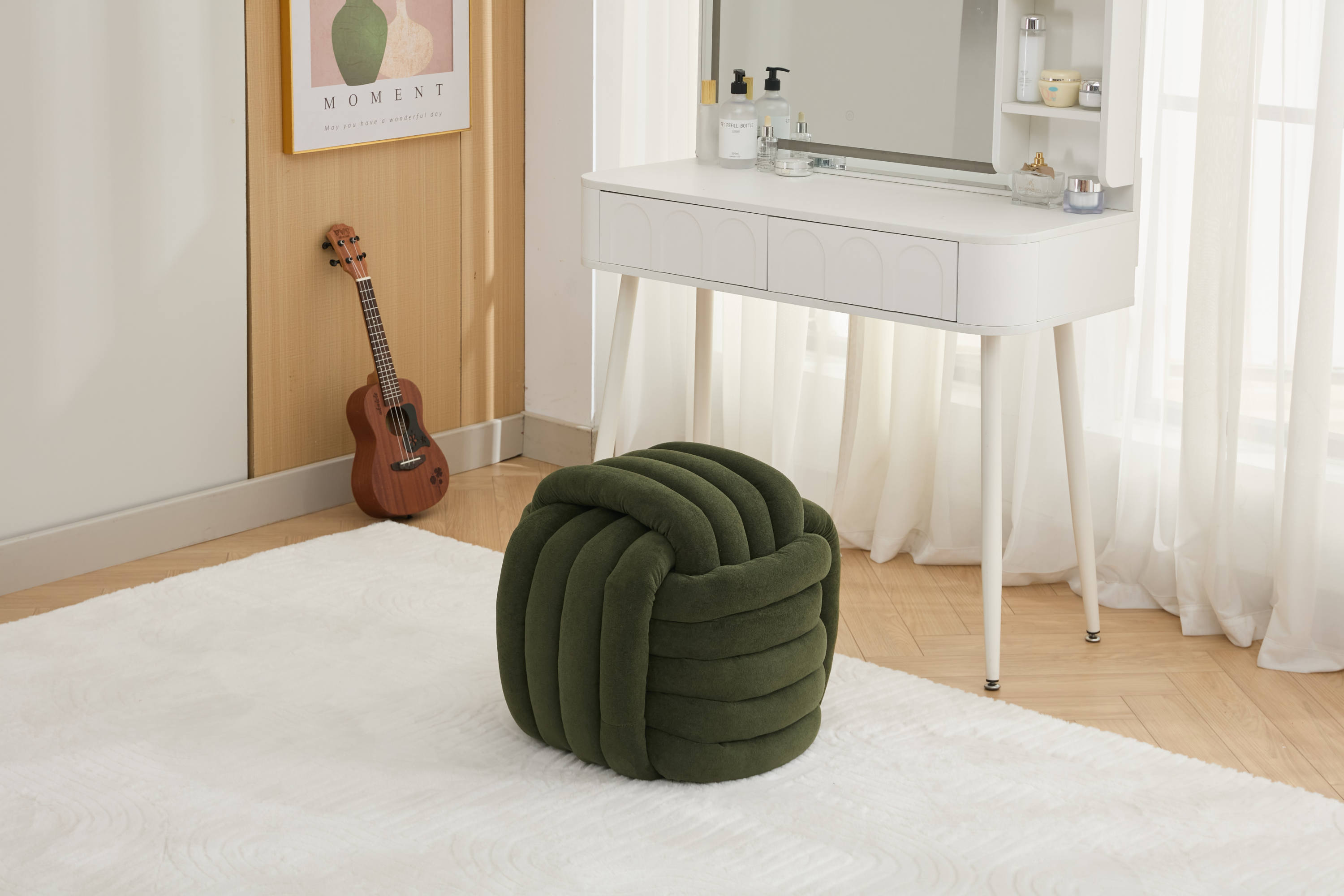 Chenille Knot Design Ottoman Makeup Stool Footstool, Green