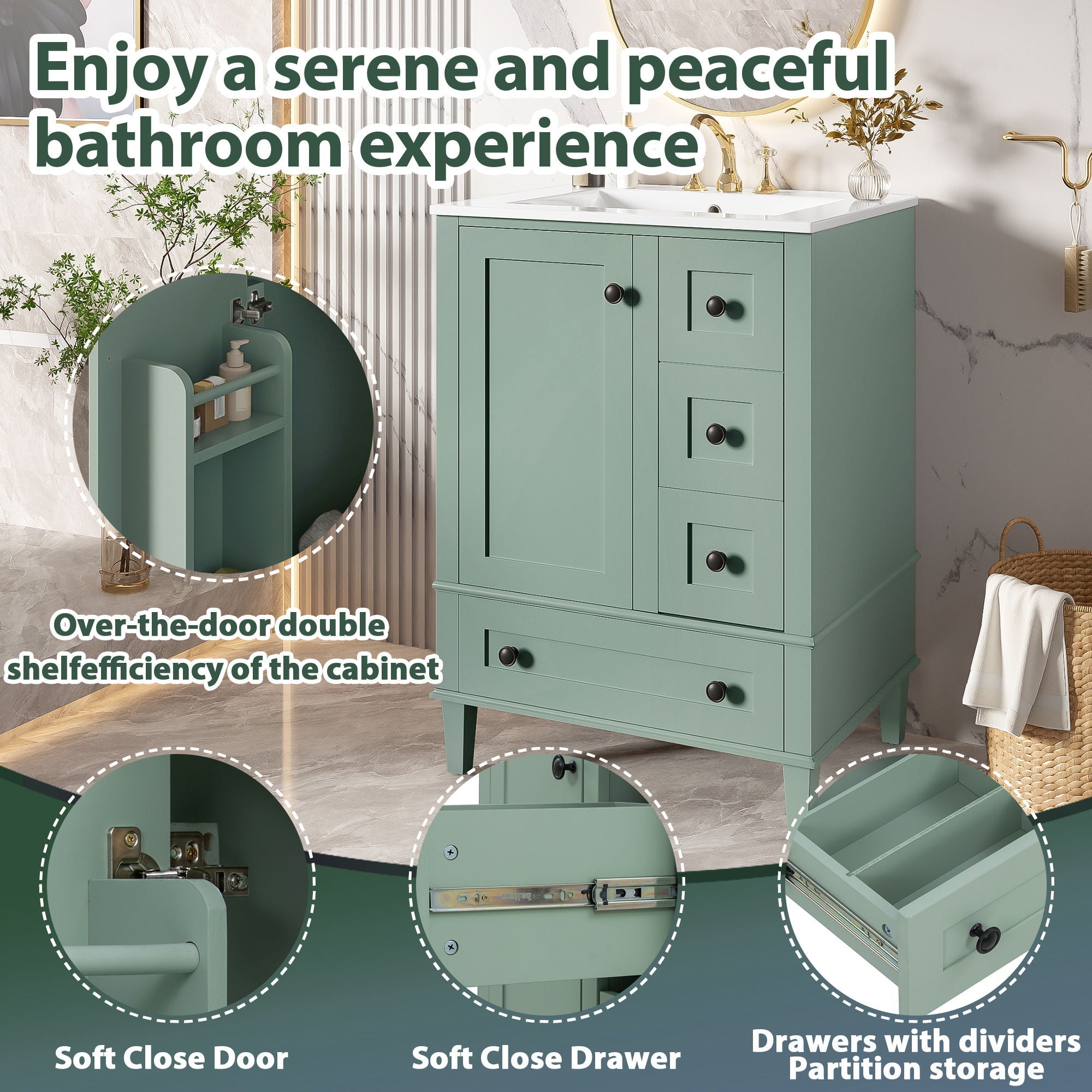 Bathroom Vanity With Integrated Basin, Soft Close Drawers, Door Mounted Double Layer Shelf