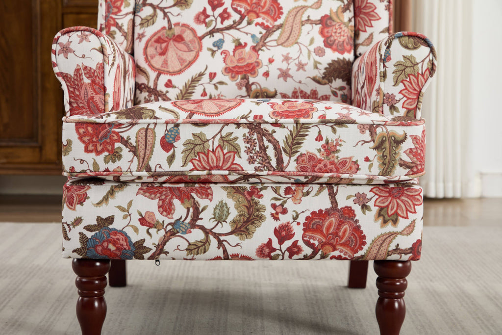 Accent Chair Wingback Linen Floral Red Pine Legs 28x30x38 In