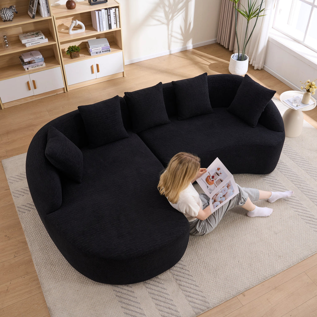 Sectional Sofa L-Shape Curved Chaise Chenille Black 5 Seat 106 In