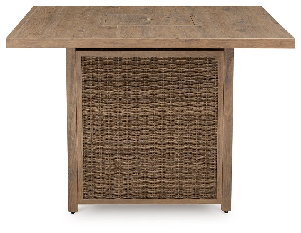 Walton Bridge - 5 Pc. - Square Bar Table W/Fire Pit, 4 Barstools - Driftwood