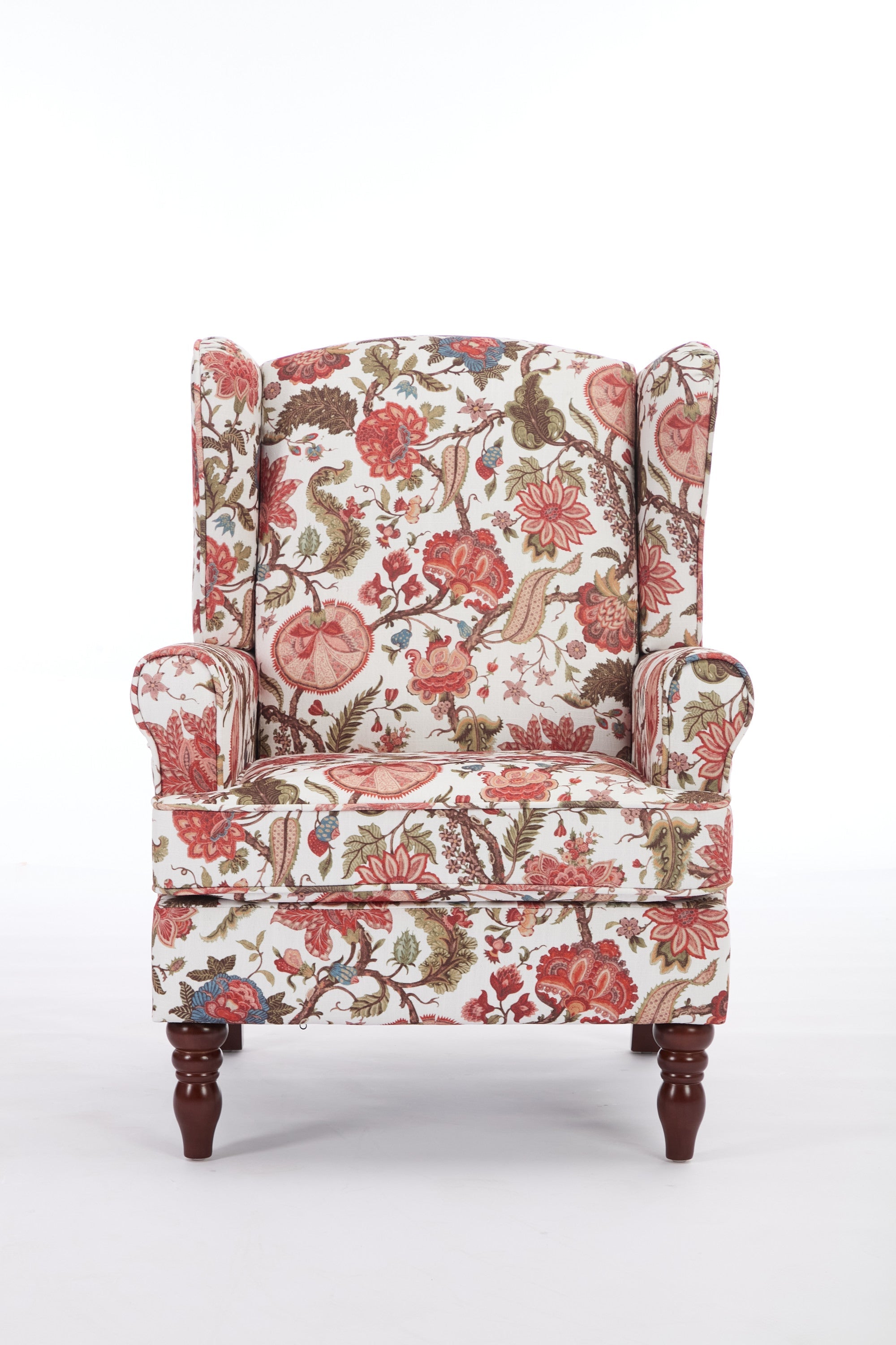 Accent Chair Wingback Linen Floral Red Pine Legs 28x30x38 In