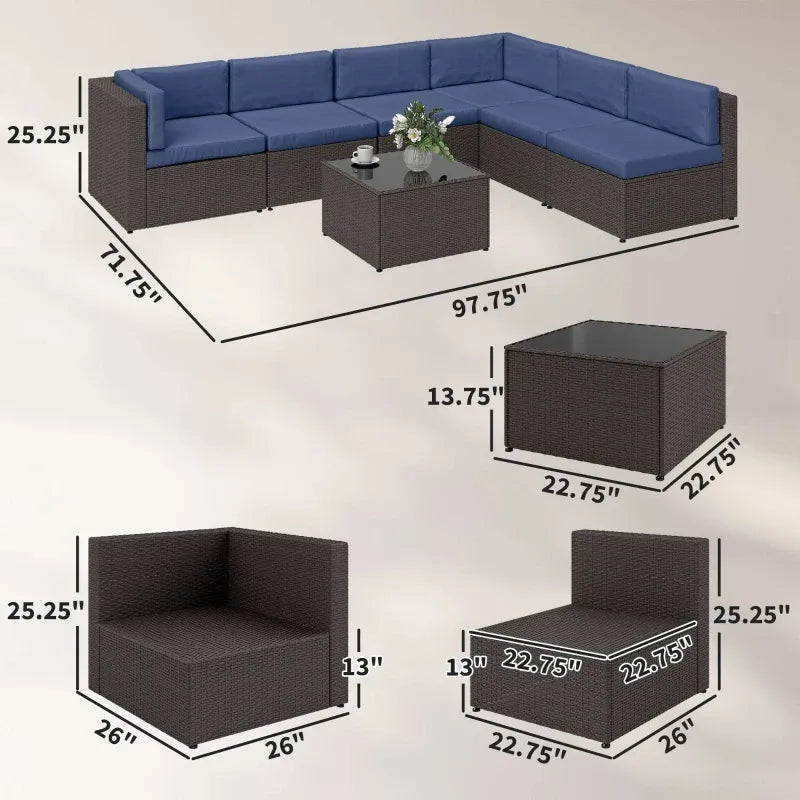 Outdoor Sectional Set PE Rattan Metal Dark Blue Black 7 Piece 264 LB