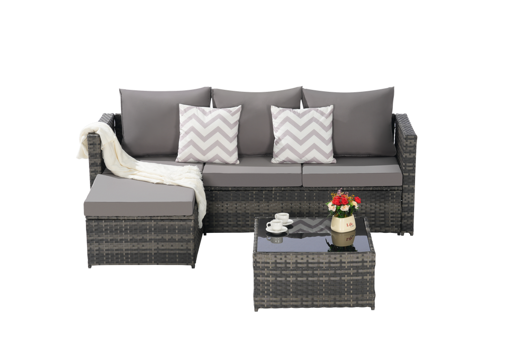 Outdoor Patio Set PE Rattan Metal Dark Gray 3 Piece Ottoman Table