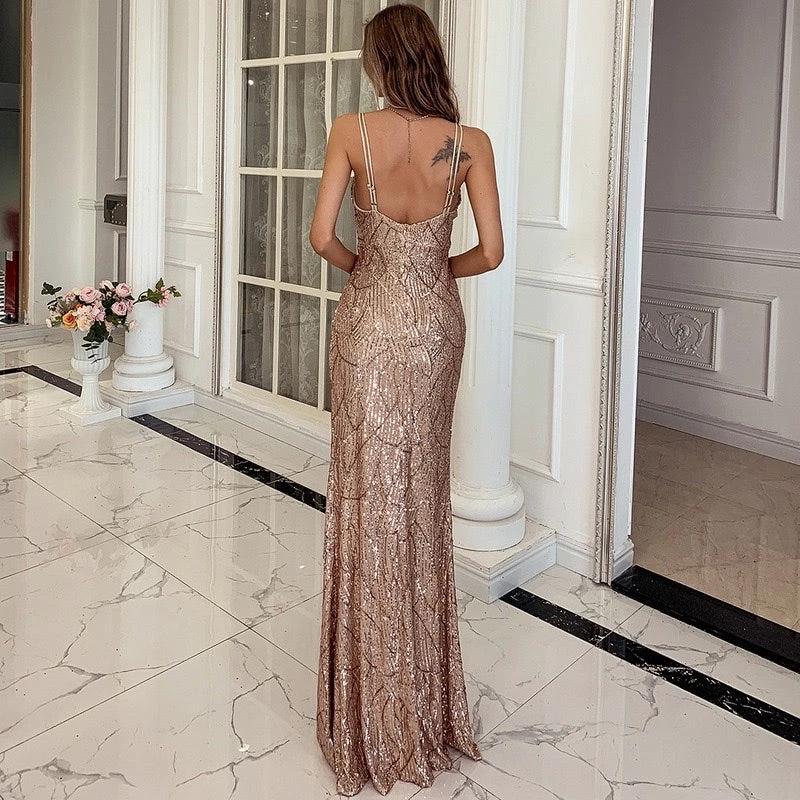 Women V Neck Dress Sequin Spaghetti Strap Maxi Party Dress
