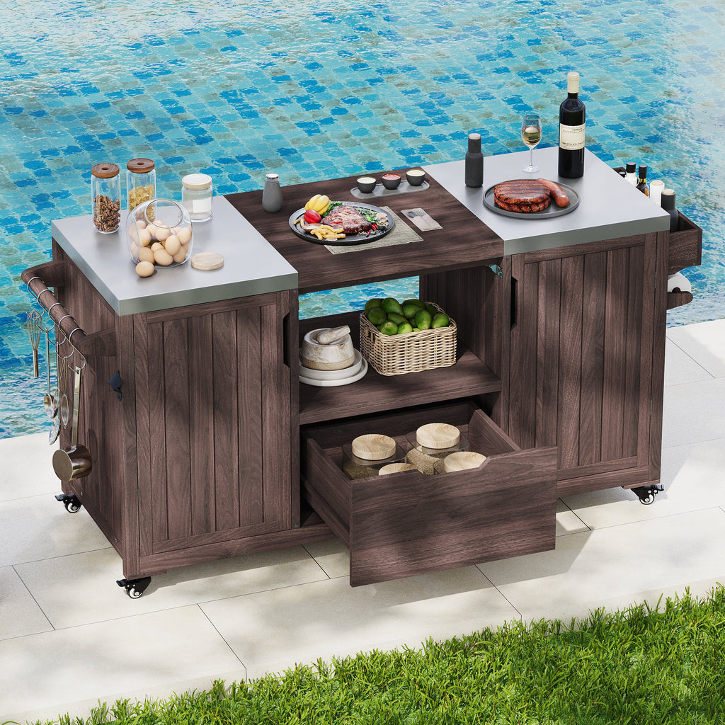 Outdoor Kitchen Island Grill Cart Fir Wood Stainless Steel 66.5