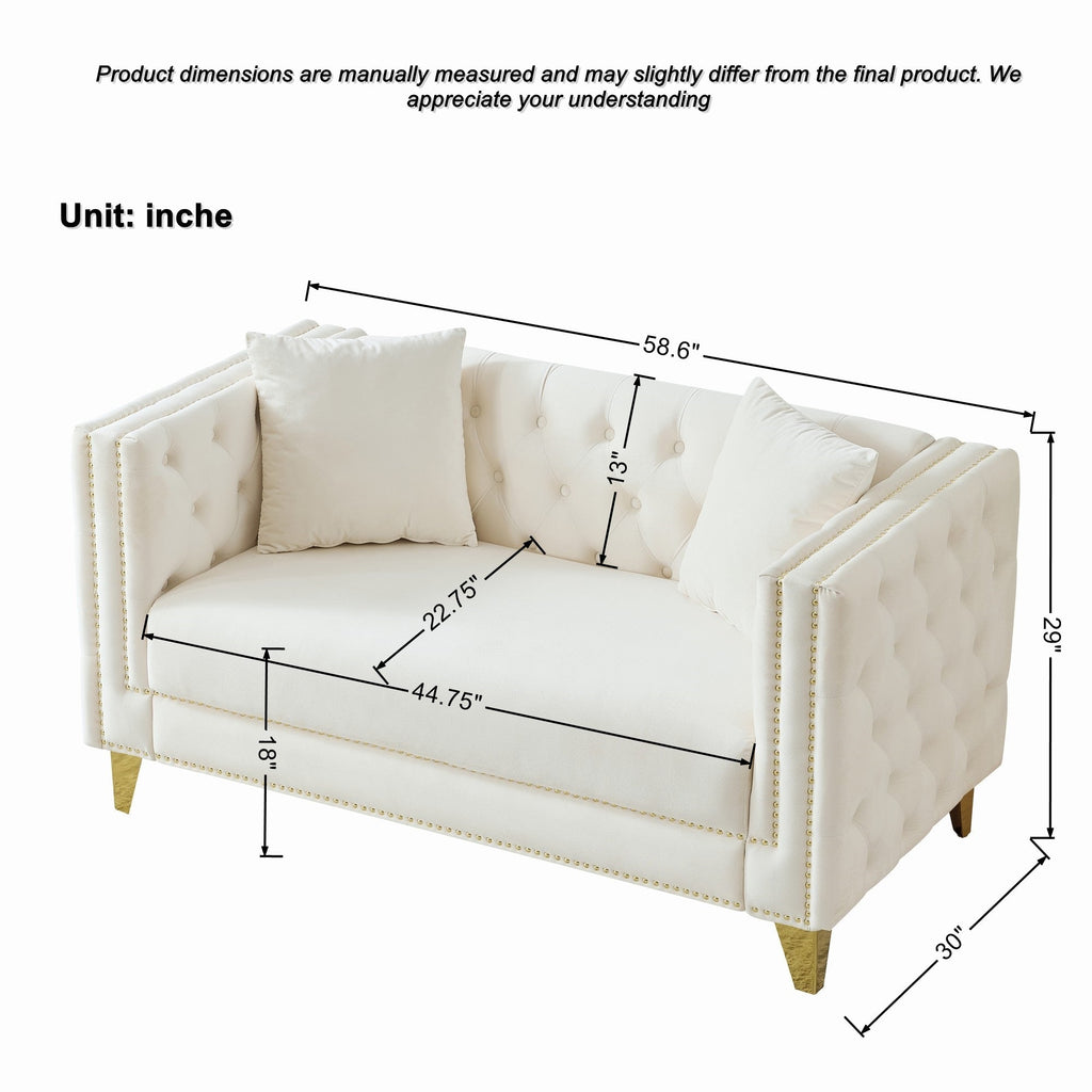 Loveseat Chesterfield Velvet Beige Button Tufted Nailhead Pine Frame 58.6 In