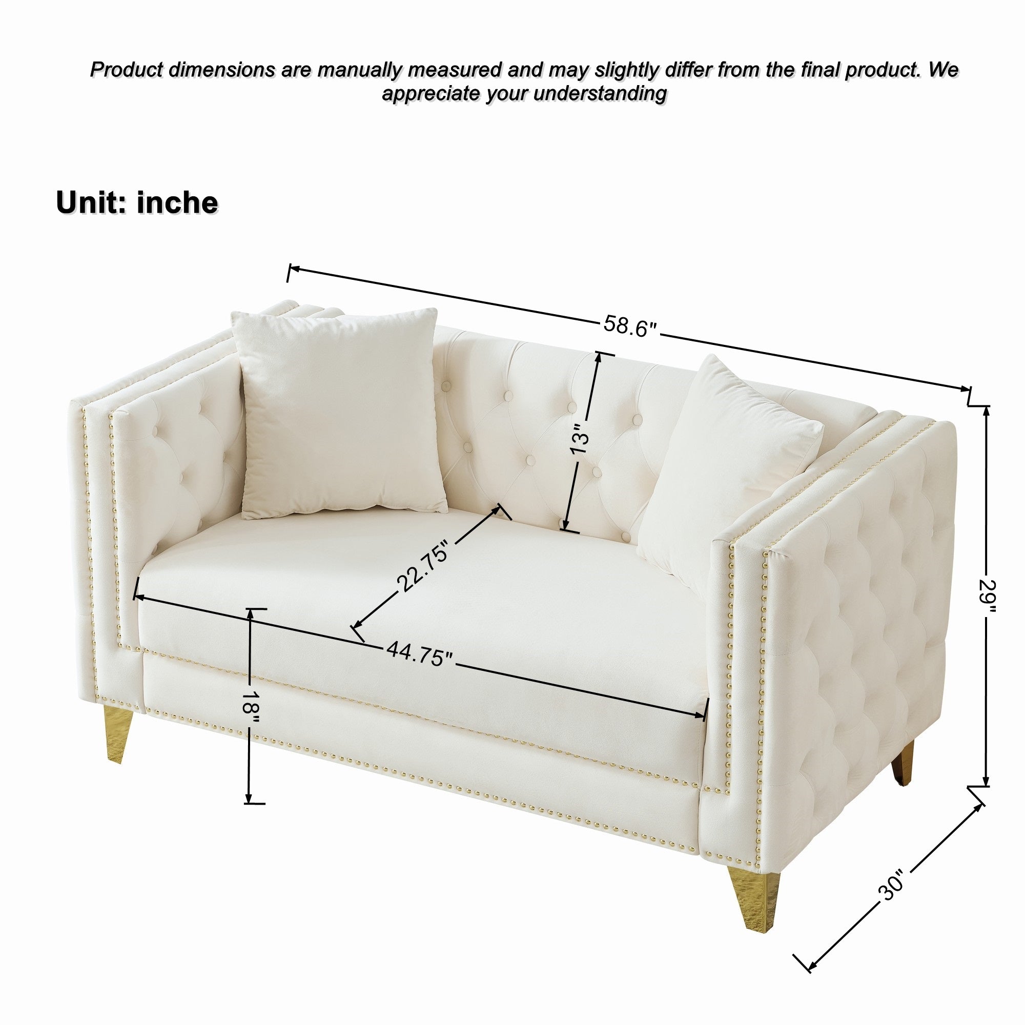 Loveseat Chesterfield Velvet Beige Button Tufted Nailhead Pine Frame 58.6 In