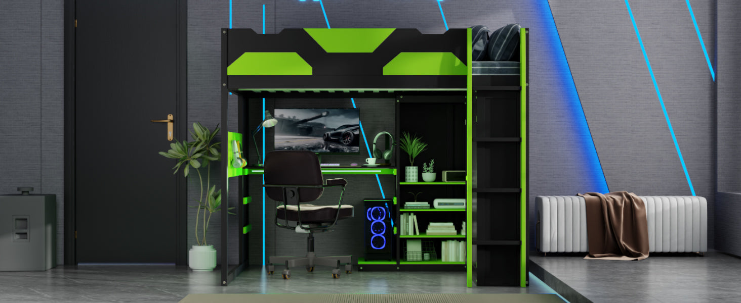 Full Size Wood Loft Bed with Desk, Multi-storage Shelves,USB and RGB Light,Green