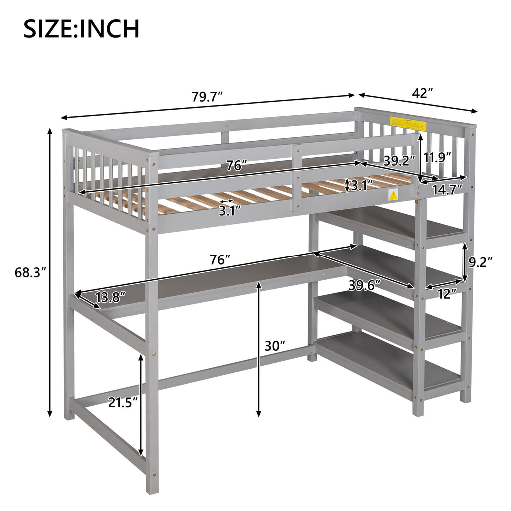 Loft Bed With Storage Shelves And Under Bed Desk