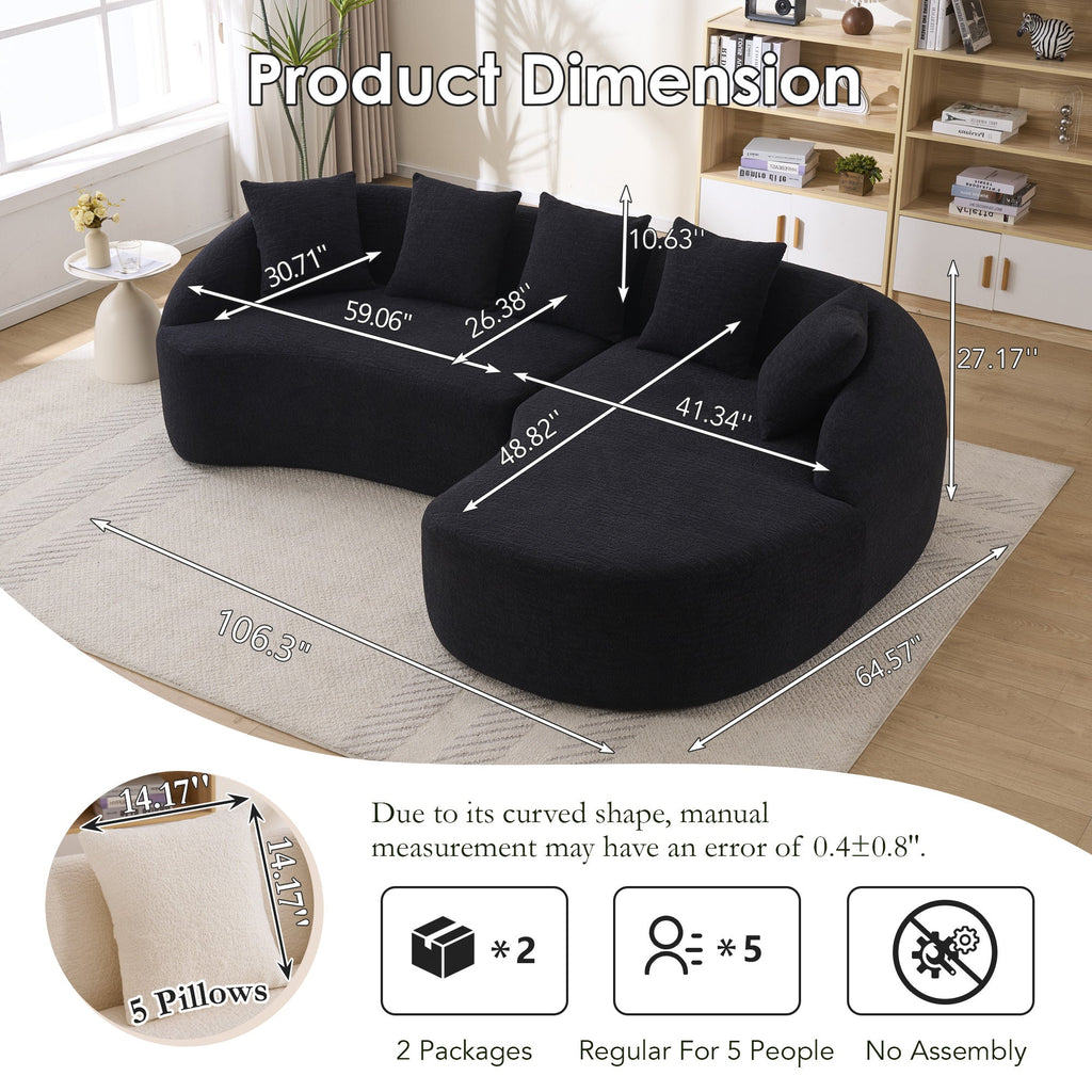 Sectional Sofa L-Shape Curved Chaise Chenille Black 5 Seat 106 In
